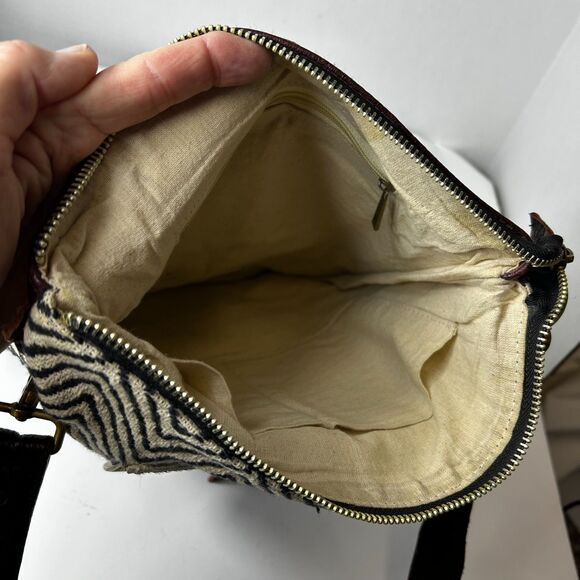 Myra Mixed Media Wine Leather Chevron Fabric Haircalf Shoulder Crossbody Bag - Picture 9 of 13